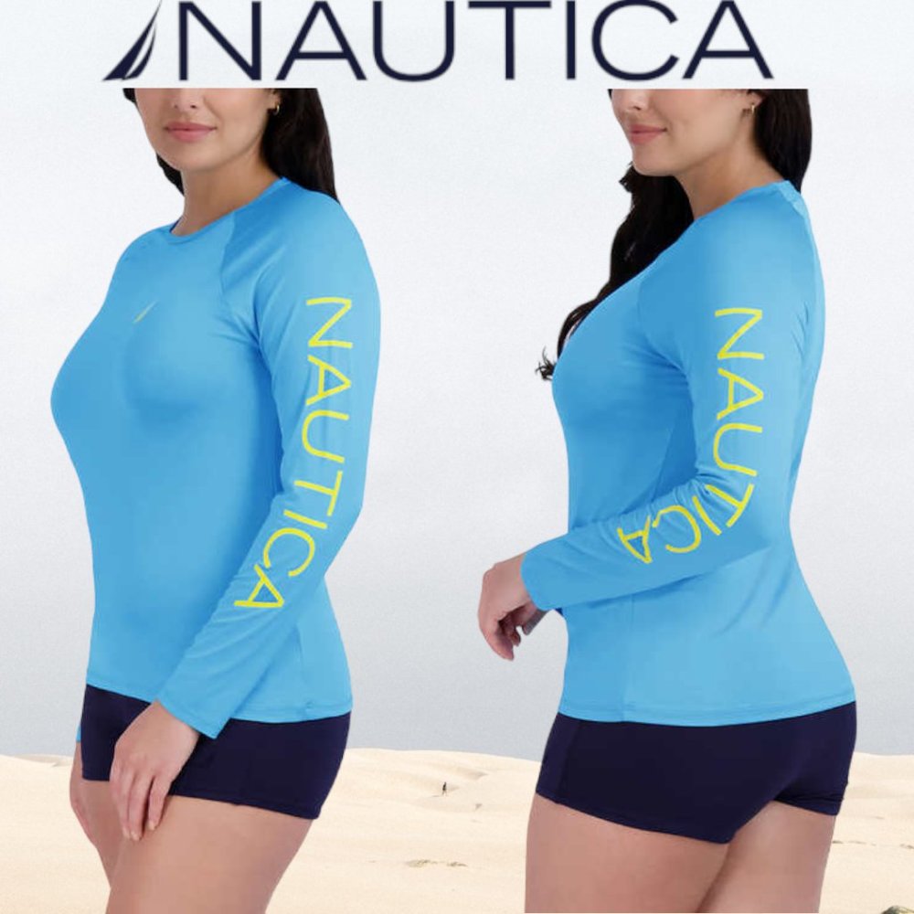 Nautica Women's Long Sleeve Rashguard Swim Shirt Light Blue